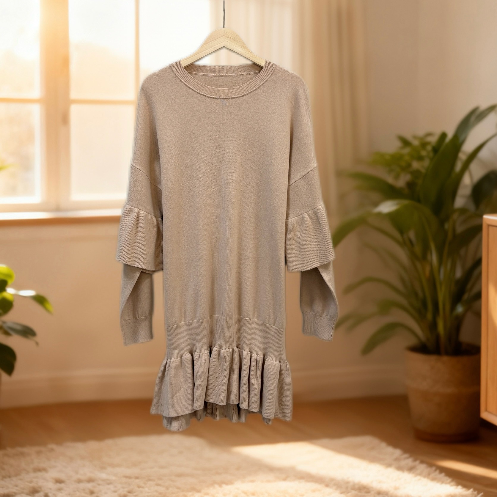 玲姐定制-时尚百搭纯色荷叶边喇叭袖针织连衣裙496617