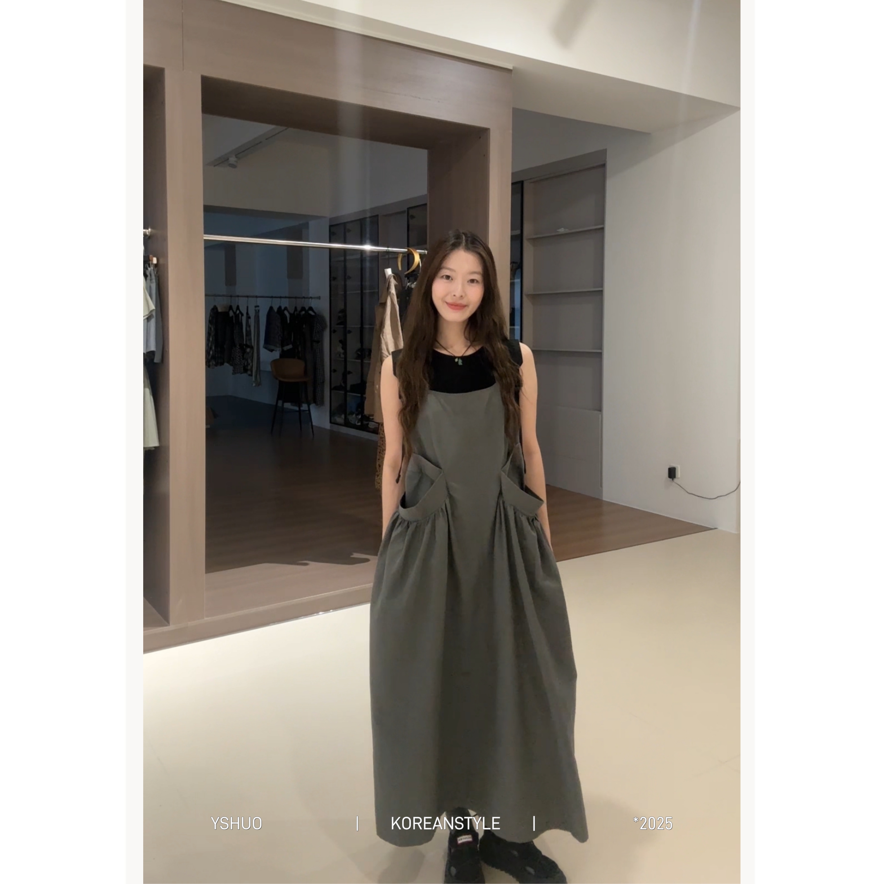 【摩卡灰阶】背带连衣裙露背设计感高级韩版宽松休闲长裙80005