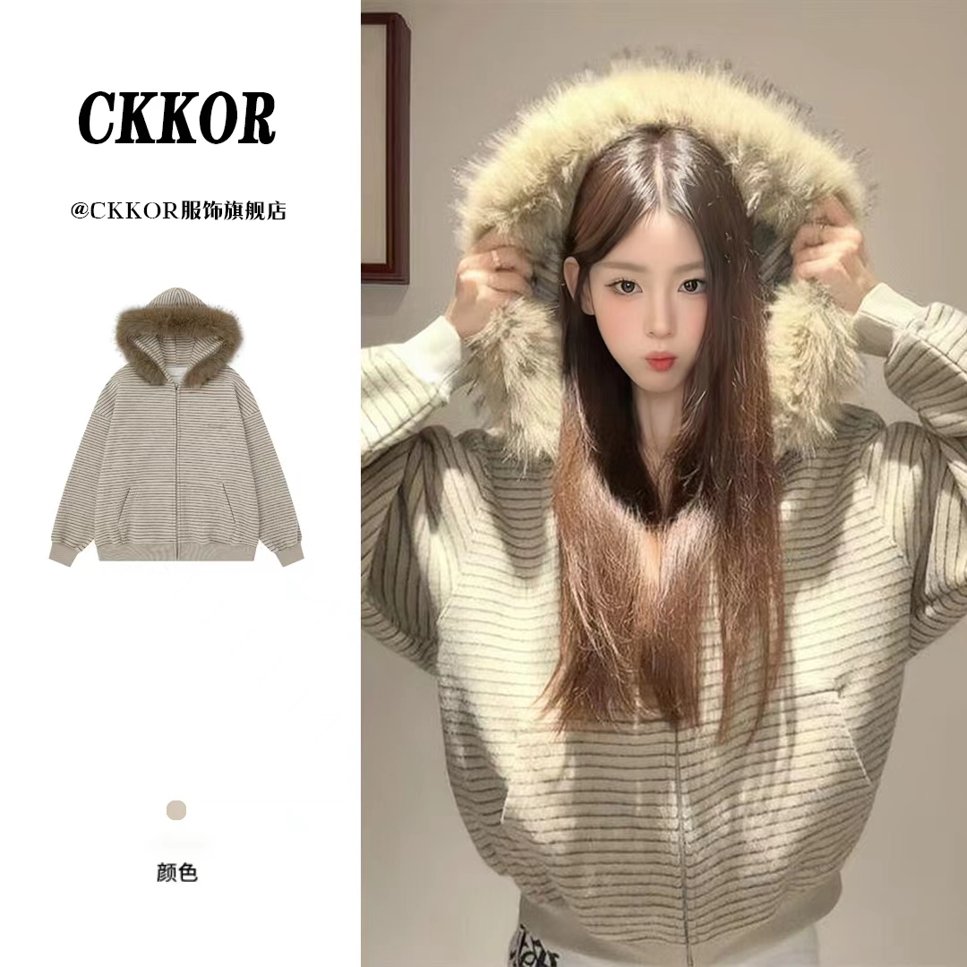 CKKOR毛领连帽棉服秋冬毛呢外套女条纹宽松慵懒风加绒加厚上衣服 