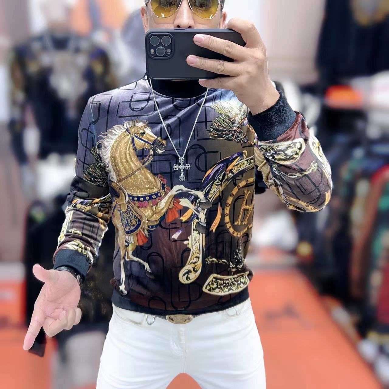 力龍潮牌男士秋冬高品质金丝韩丽绒时尚加厚加绒修身弹力上衣