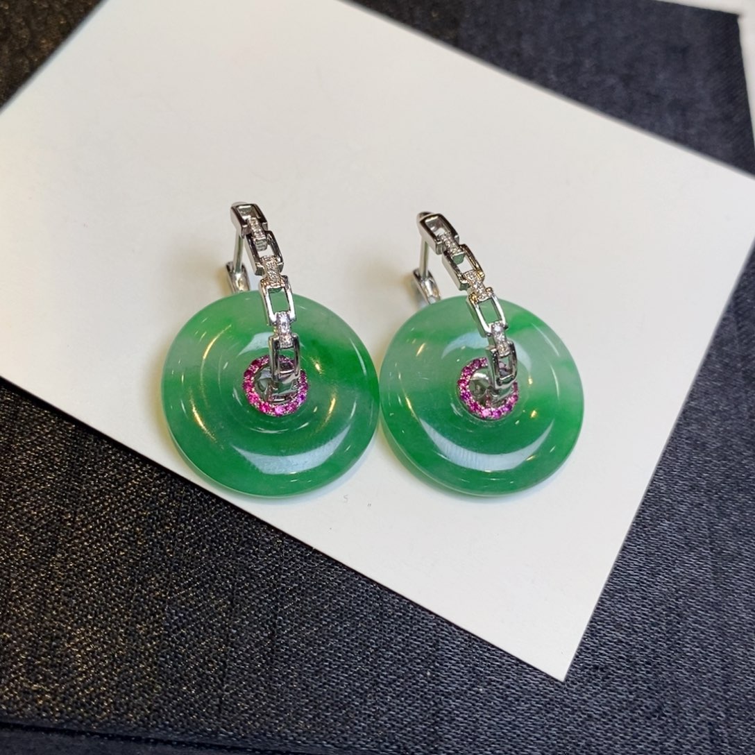 翡翠耳饰18K金镶嵌设计款甜甜圈➕锁链耳包