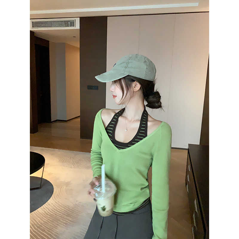 【年末捡漏】乌77甜辣叠穿两件套女挂脖条纹背心舒适百搭V领针织