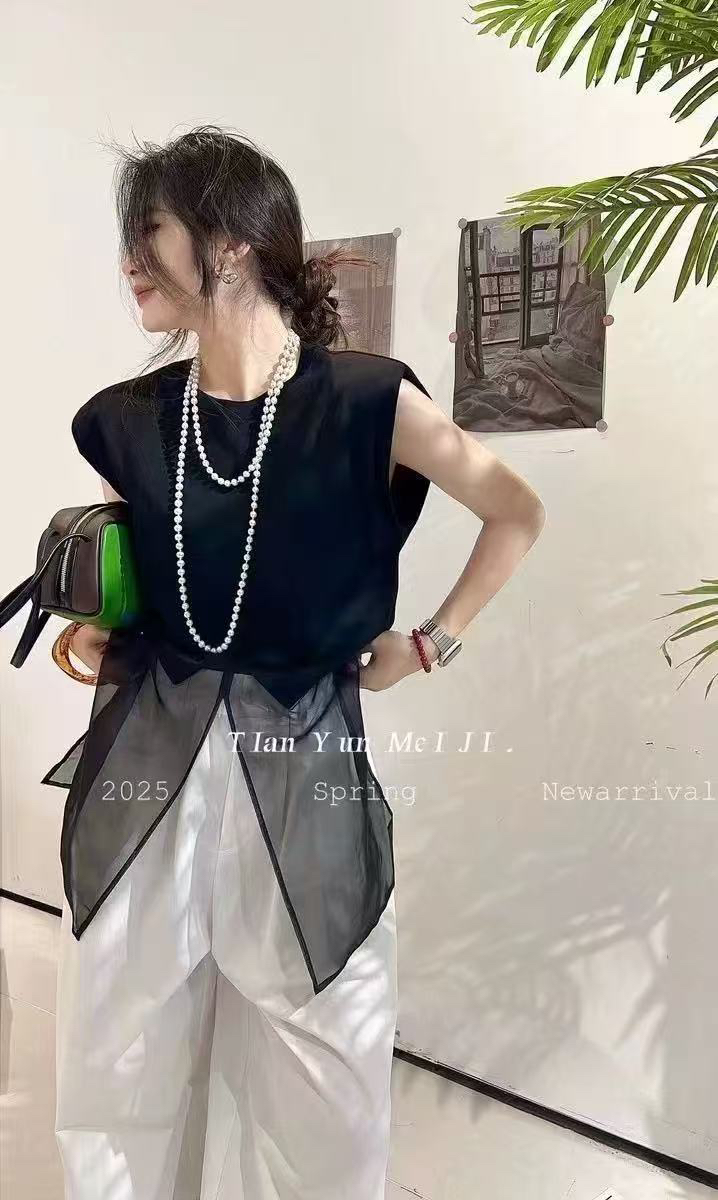 拼欧根纱小衫黑色