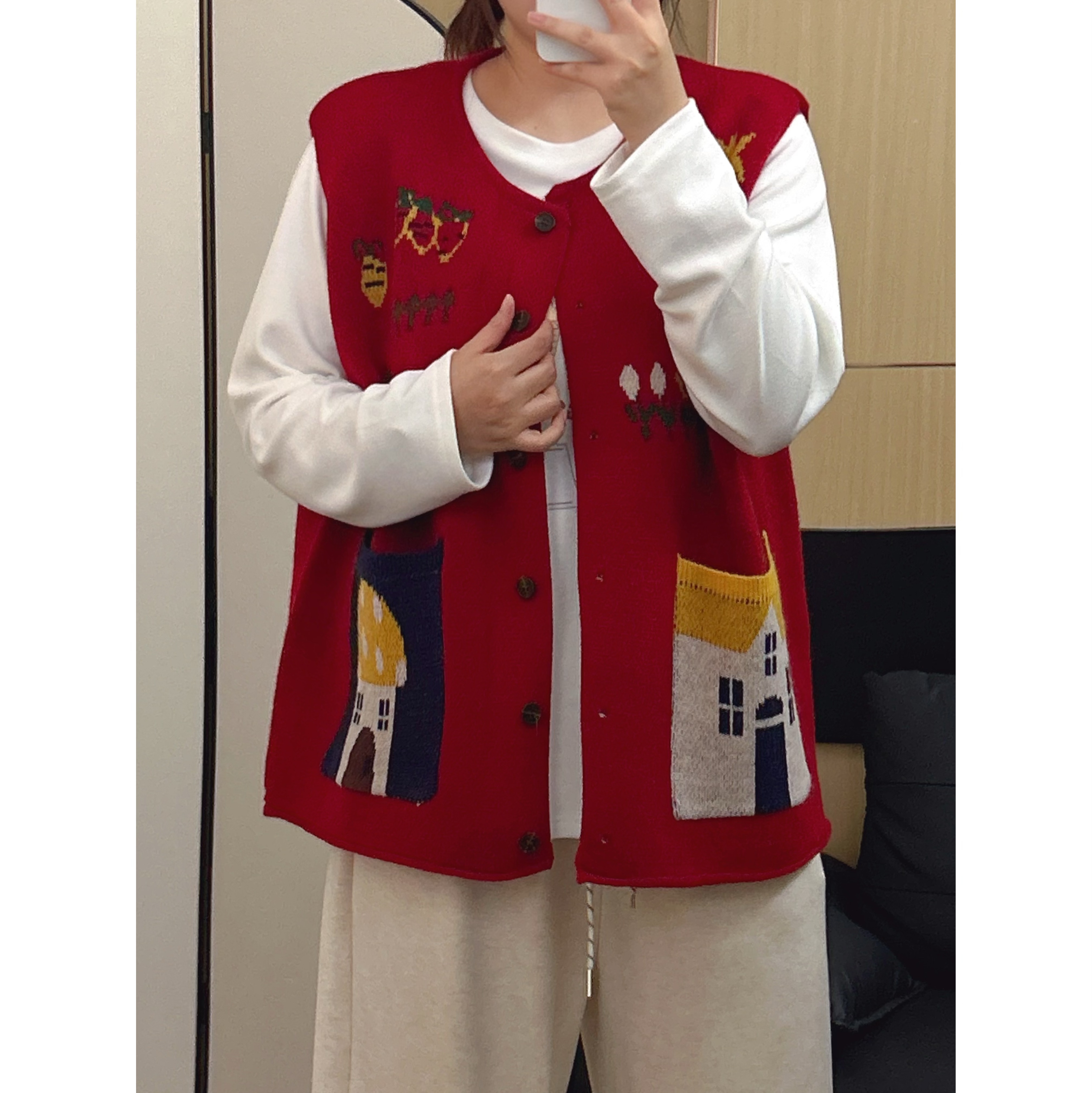 【咔咔】圣诞马甲-圆领复古无袖针织秋季女毛针织衫春秋开衫K0527