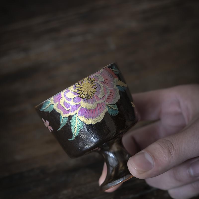 荼梦令志野烧牡丹缂丝咖啡杯高足杯功夫茶具单杯