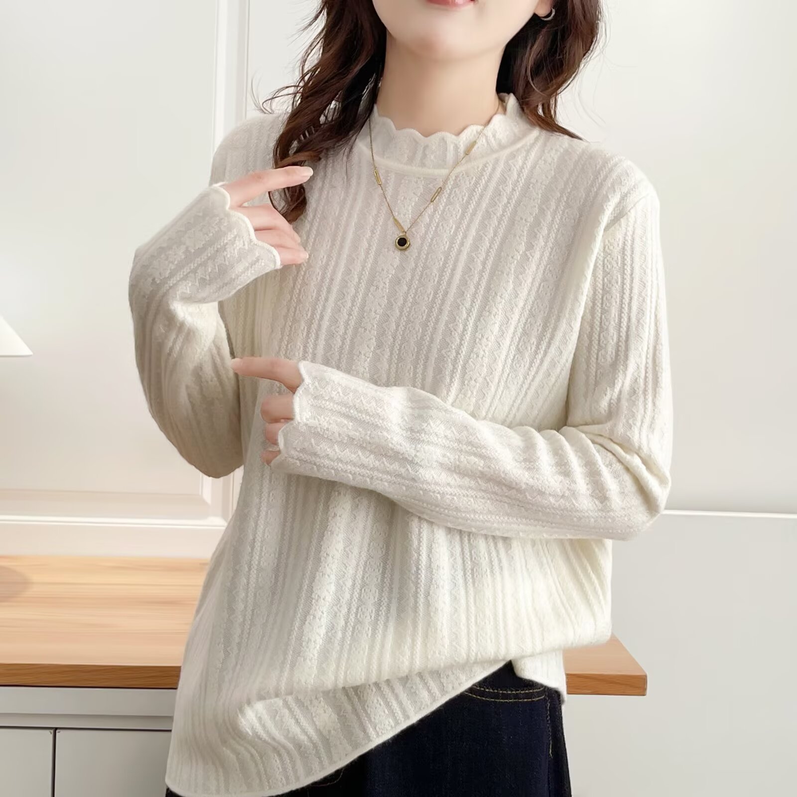 JIANAOBEN/简澳本微胖大码女装宽松时尚花边领百搭软糯针织衫毛衣