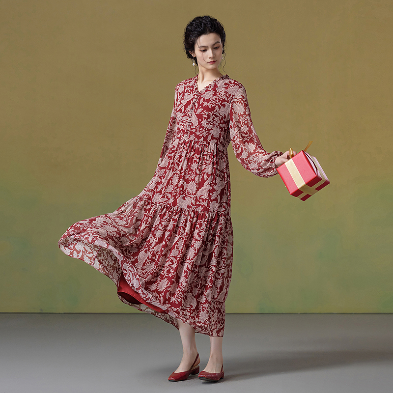 生活在左2025秋季新品印花优雅气质花边连衣裙女1953170