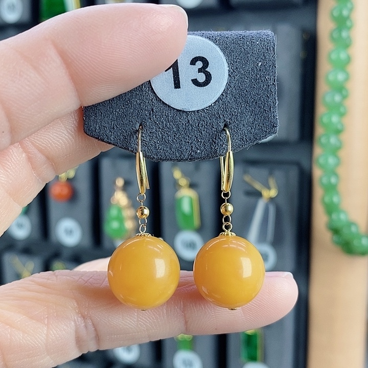 蜜蜡耳饰18K金镶嵌耳饰