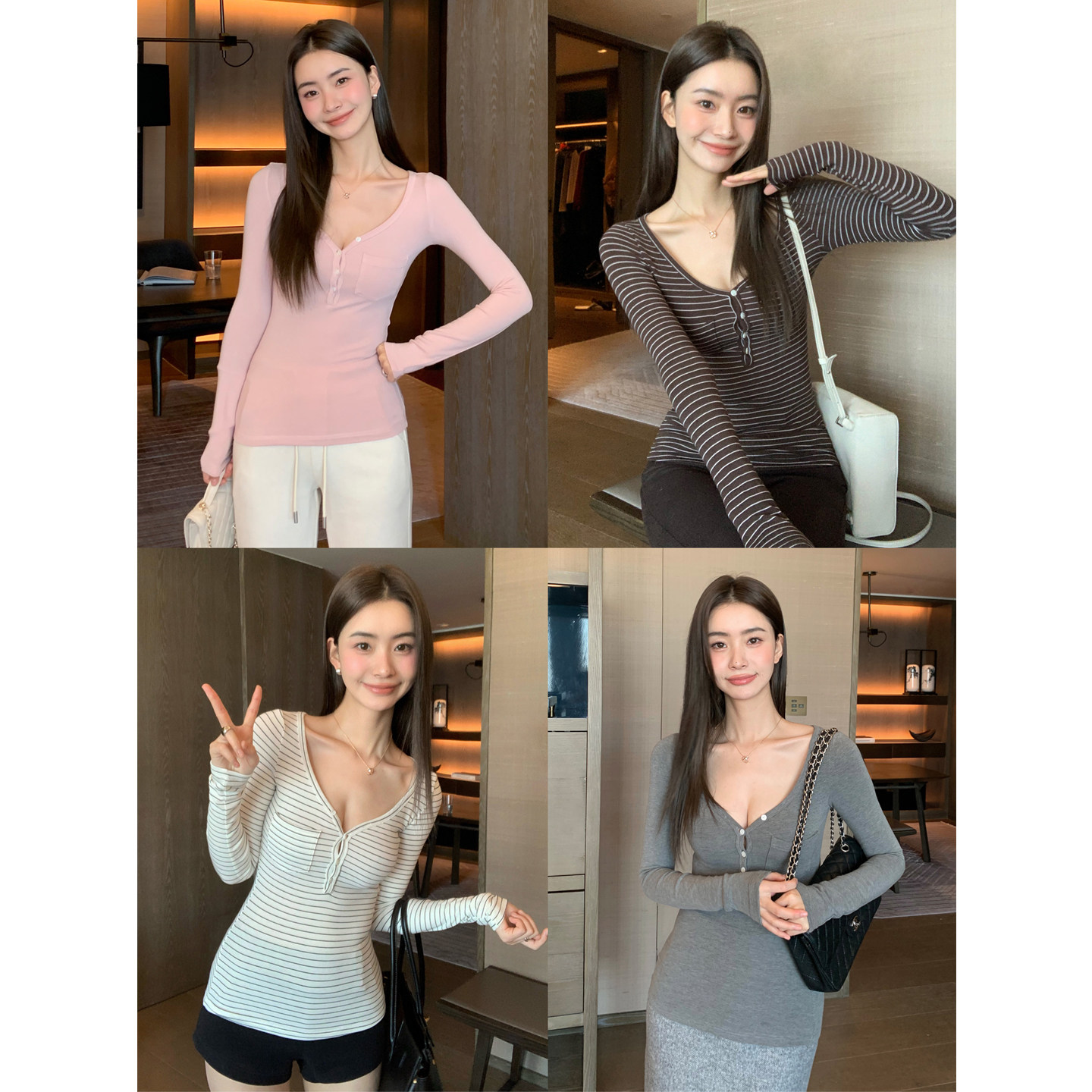 不冷BULENG  低v领弹力百搭亨利T恤