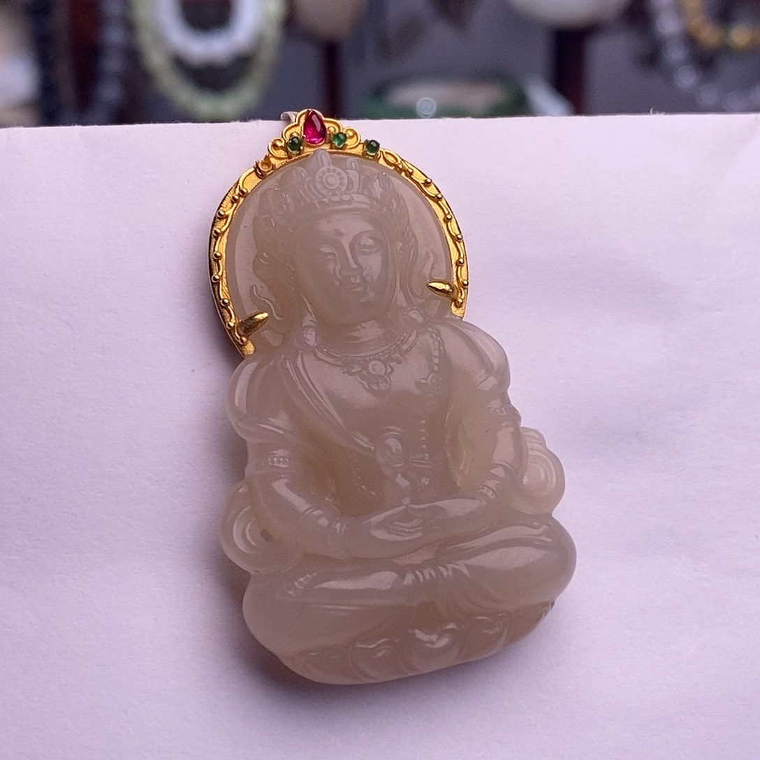 和田玉毕业级老矿料熟藕粉羊脂级红粉金镶绿度母未镶嵌