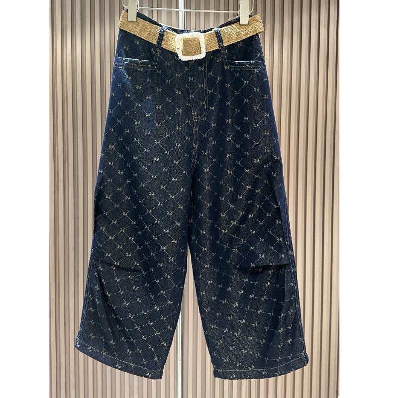 休闲复古港风时尚提花直筒牛仔裤女夏季新款薄款捏褶八分裤