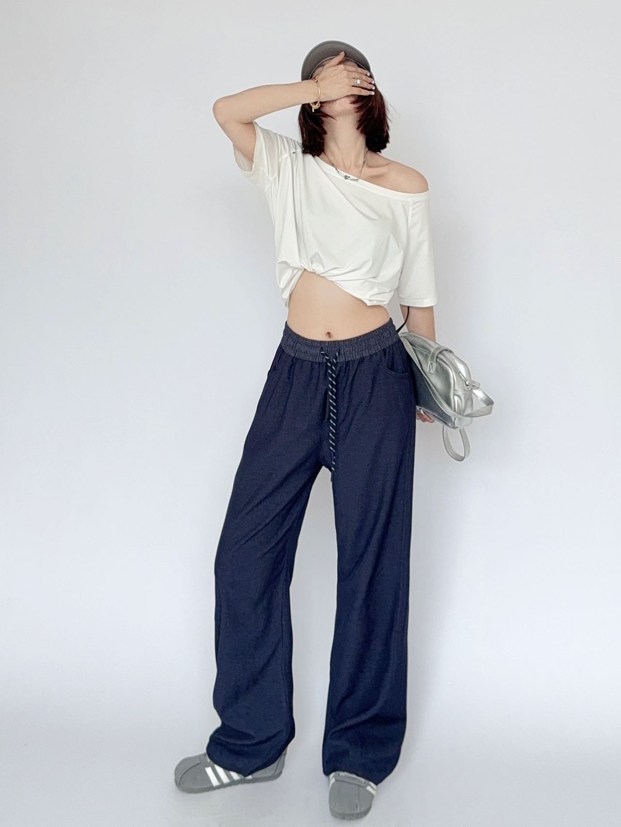 QIANYU-夏季新款女宽松直筒运动卫裤美式慵懒休闲弯刀裤KK-26722