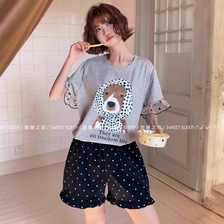 韩版减龄卡通头巾小狗波点短裤短袖棉质大码睡衣家居服套装