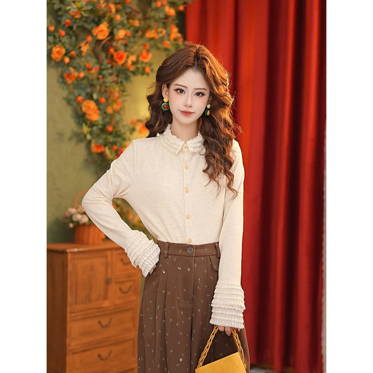 DaYuanSAD张嘉圆【箫潇】蕾丝边领针织上衣女叠穿长袖衬衫#L15098