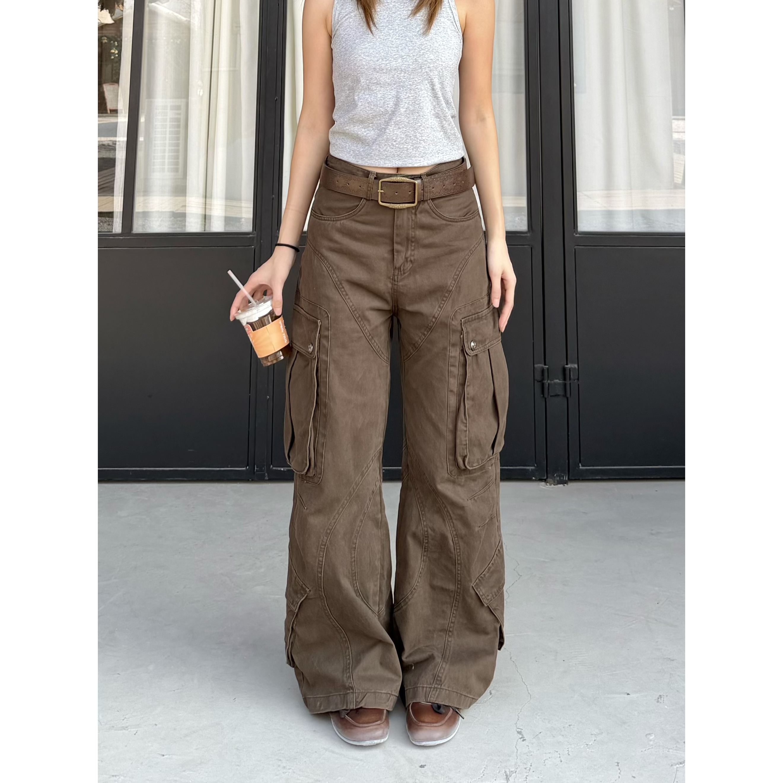 XFX 美式复古宽松多口袋工装裤女阔腿cleanfit小众设计感拖地长裤