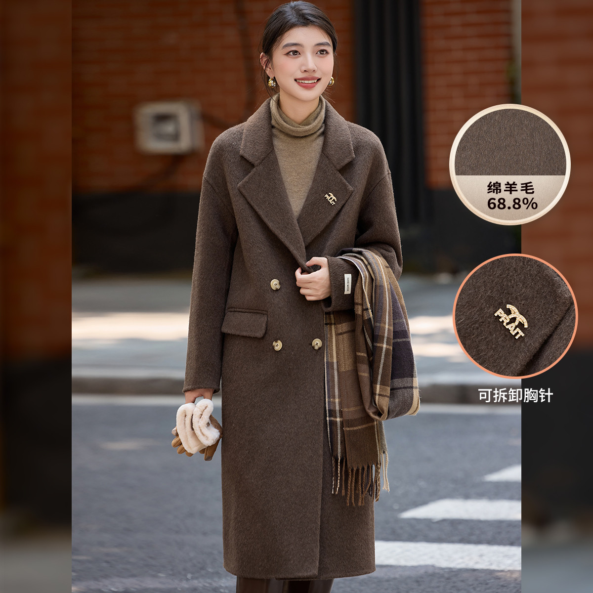 DY白鹿语秋冬气质羊毛混纺呢大衣宽松厚长款双排扣外套HX20116