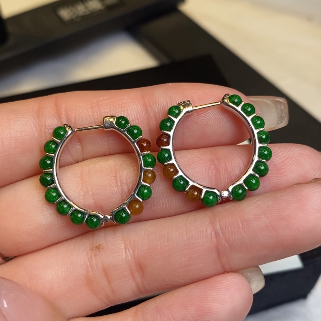 翡翠耳饰18K金镶嵌小米珠