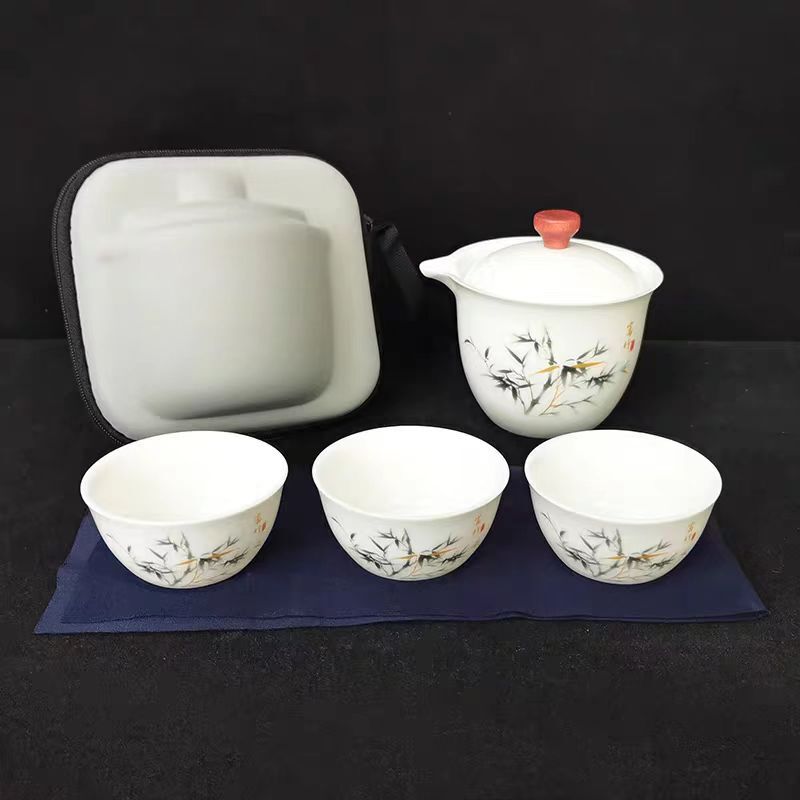 煌平陶瓷羊脂玉墨竹旅行茶具-0664