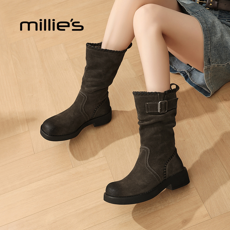 妙丽中筒中跟马丁靴巴黎字母靴子秋冬女鞋冬季粗跟