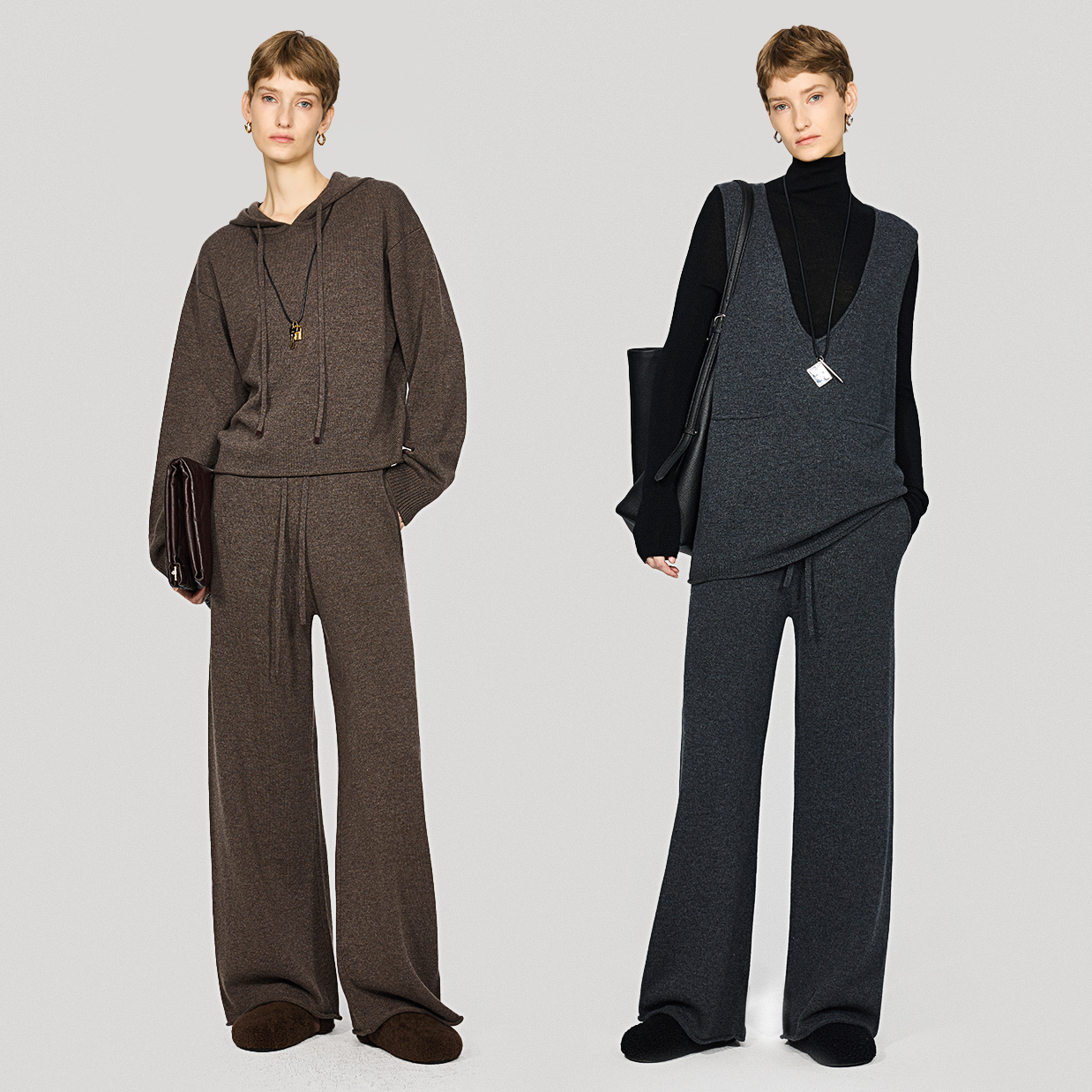 KEIGAN/开间柔软蓬松羊毛羊绒时髦连帽针织卫衣马甲四件套