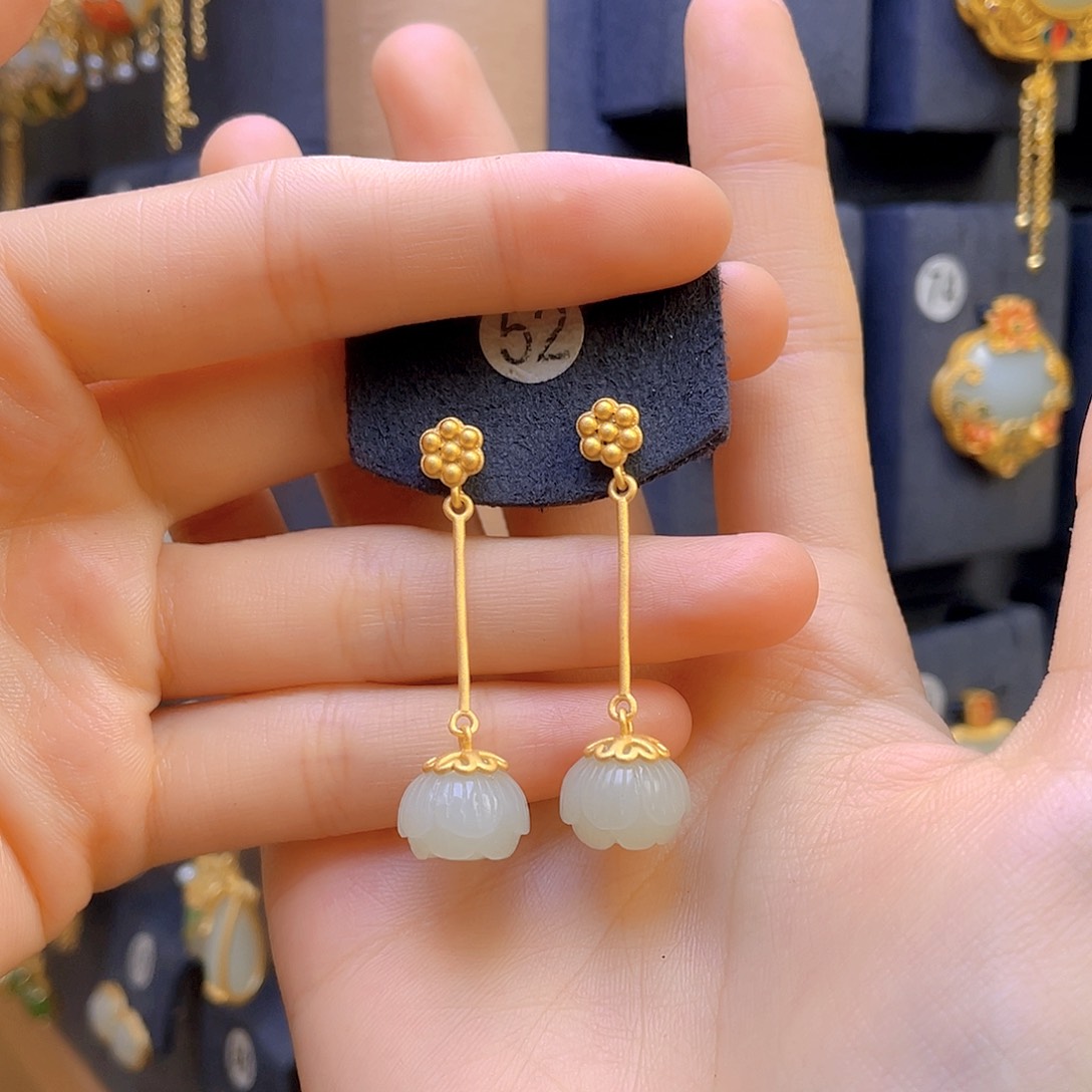 和田玉耳饰银S925镀金镶嵌