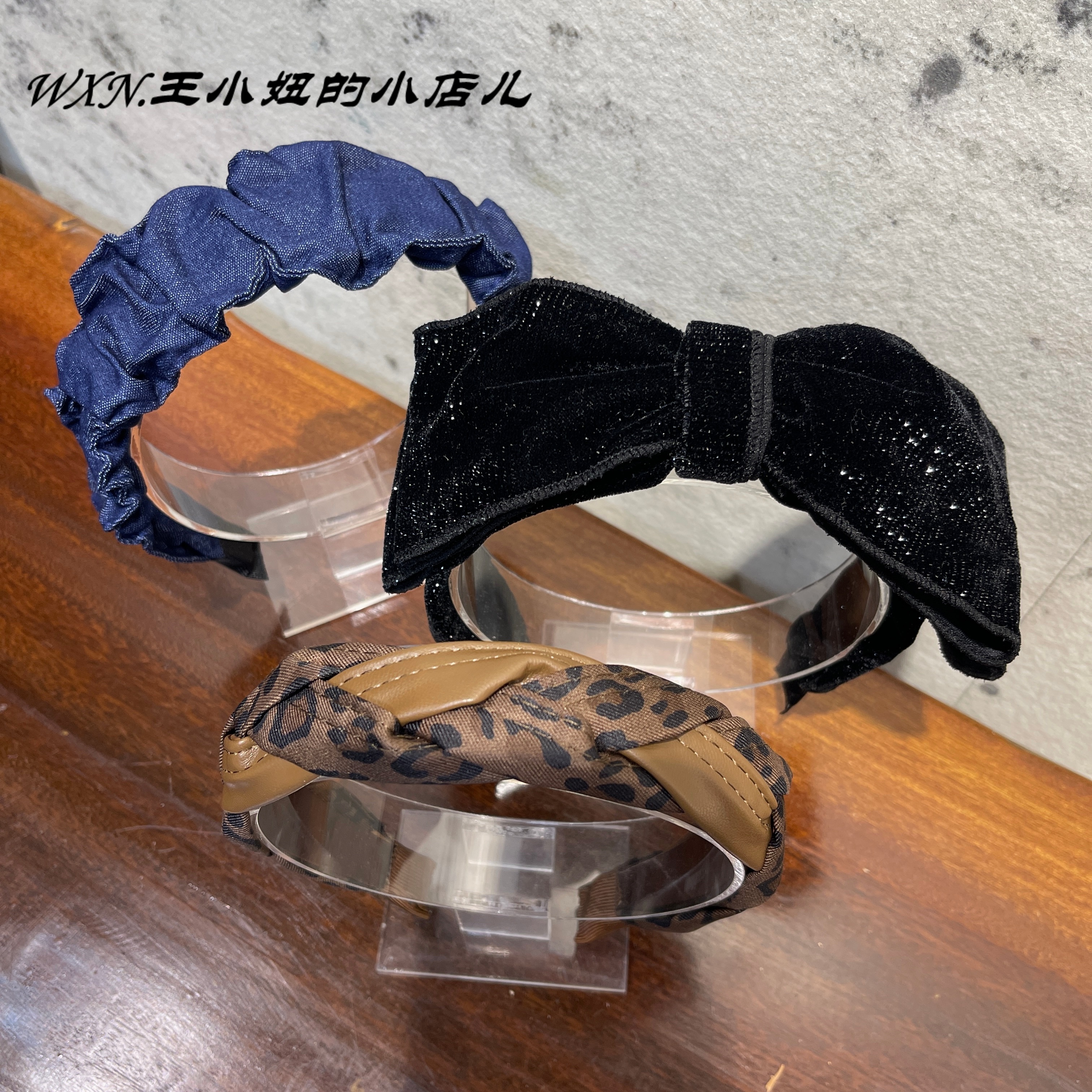 142新款蝴蝶结丝绒发箍牛仔褶皱高颅顶头箍豹纹时尚麻花辫发卡