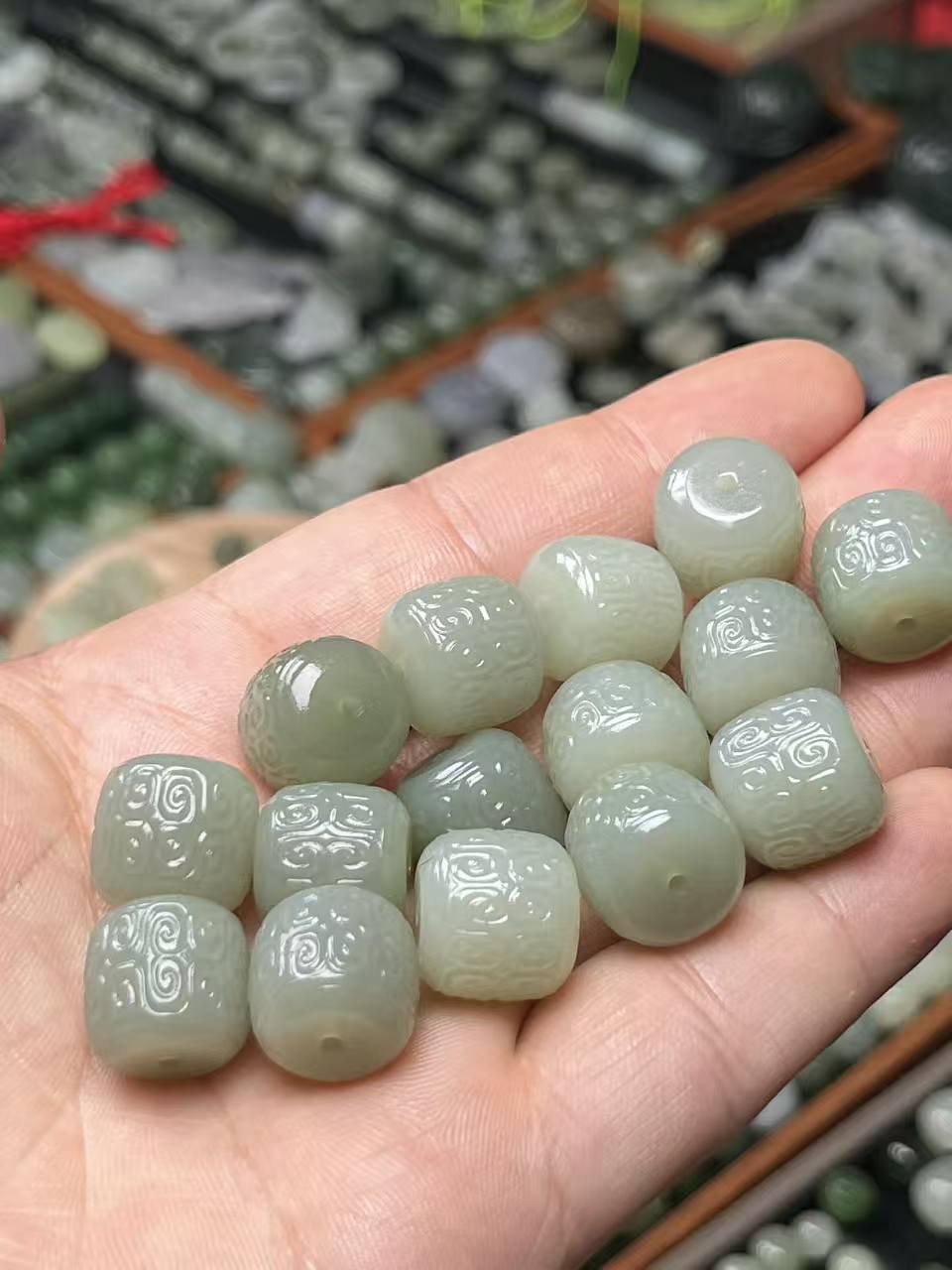 天然新疆和田玉回纹珠桶珠14mm老型散珠子隔珠diy手链项链配饰