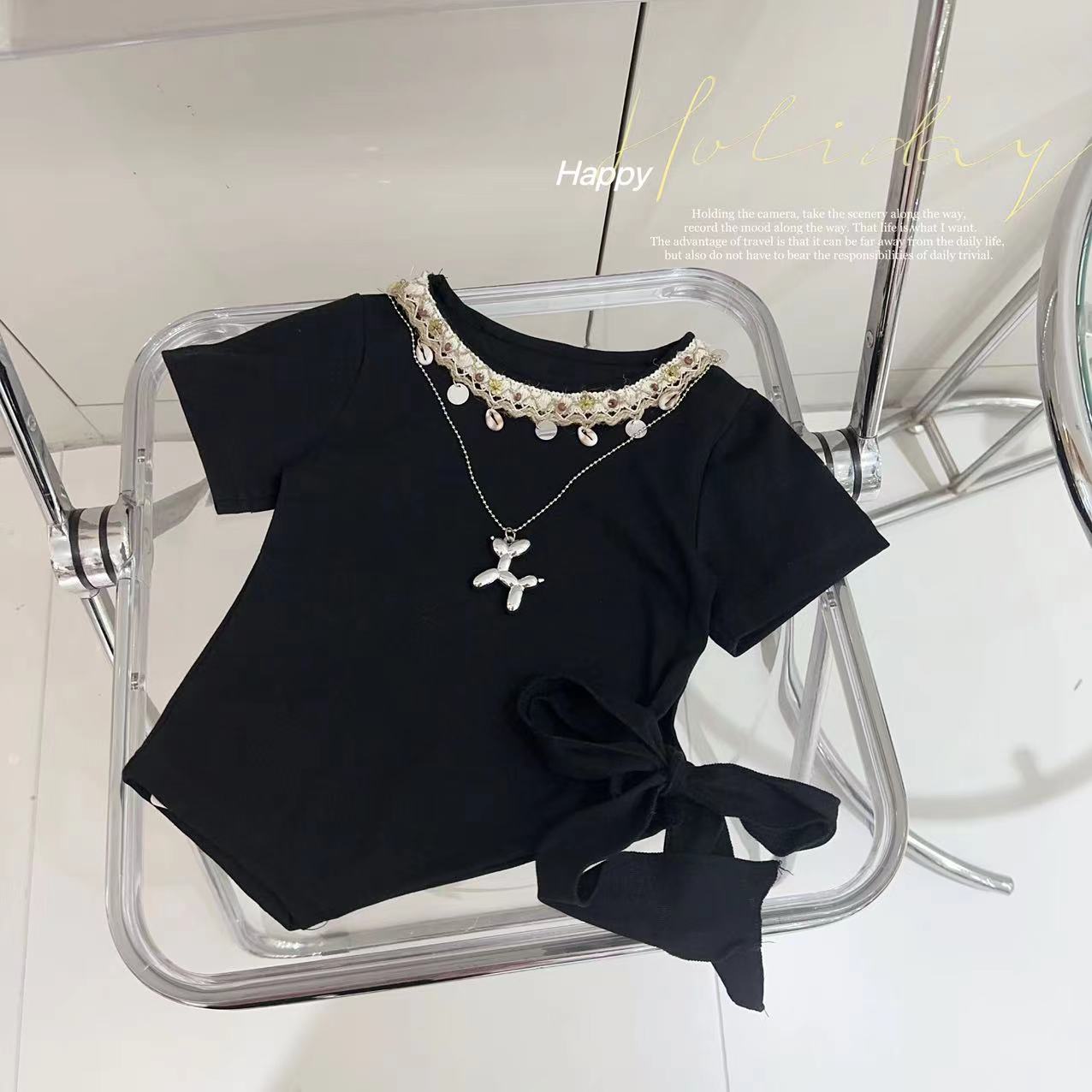 汤圆家童装2025夏季新款韩系民族风拼接蝴蝶系带T恤 YA-1635