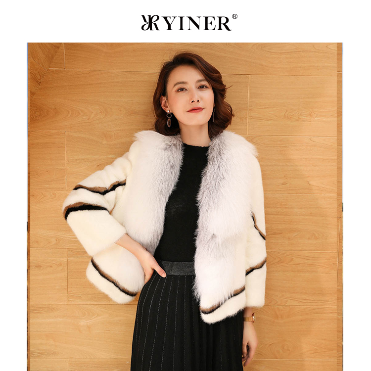 YINER音儿专选女装冬季时尚短款狐狸毛领水貂毛皮草外套