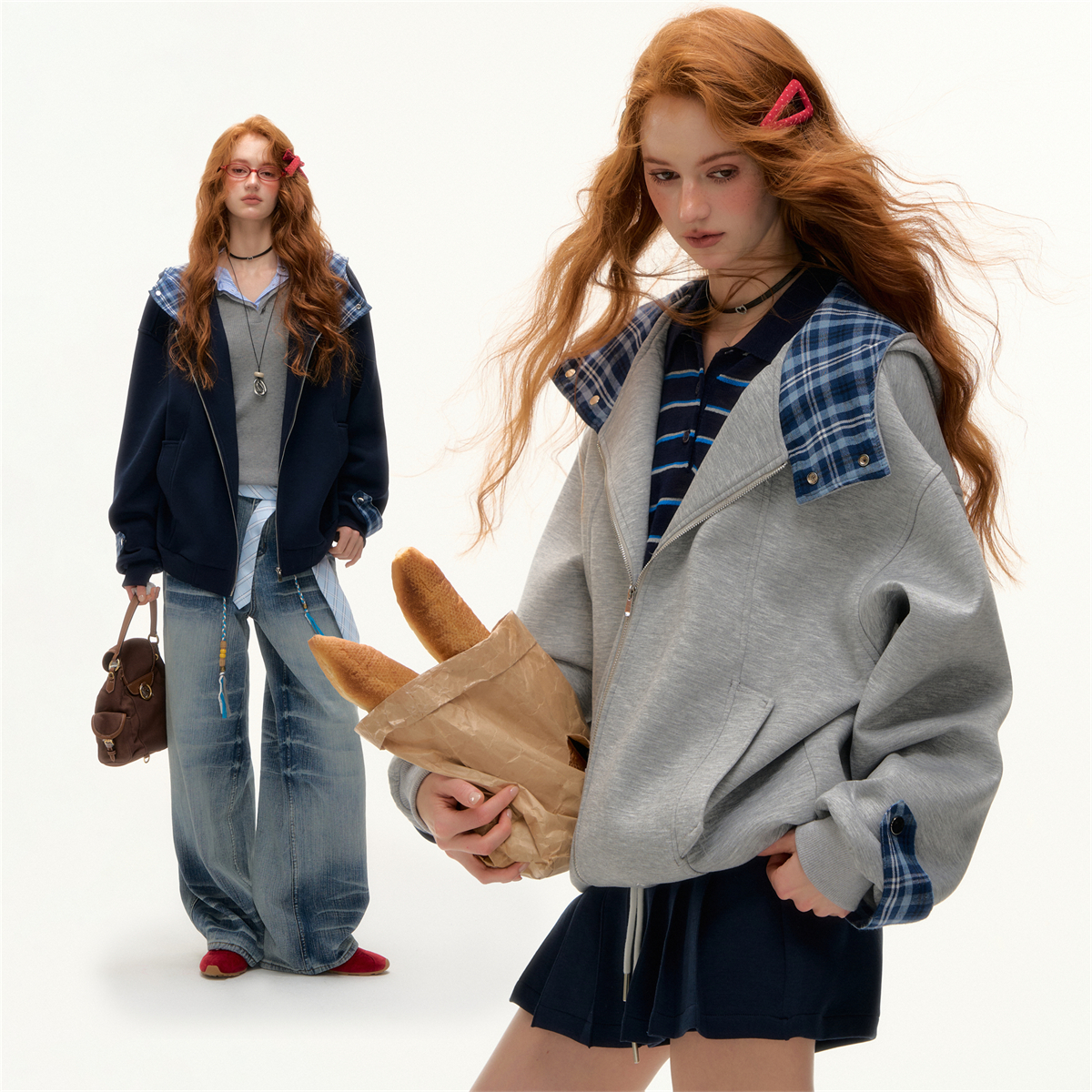 ASGONY官方授权格纹拼接连帽宽松刺绣卫衣休闲外套