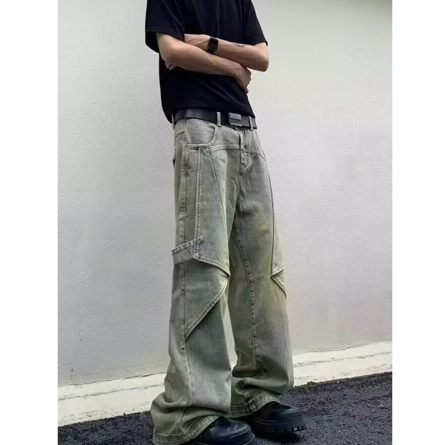 美式水洗微喇牛仔裤男时尚设计感解构风工装裤子高街痞帅直筒长裤