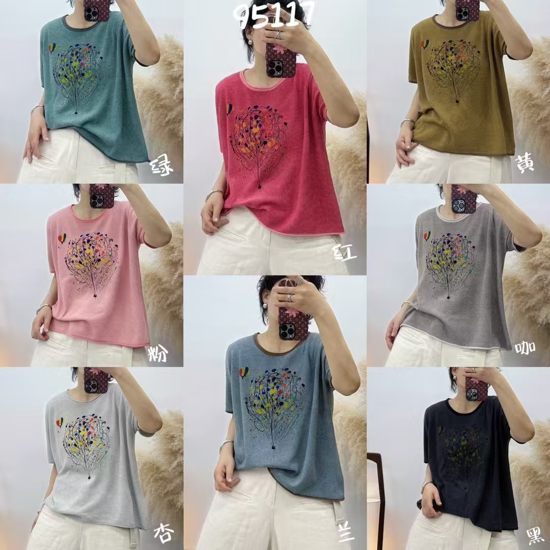 95117夏季慵懒风棉线针织衫短袖圆领百搭印花