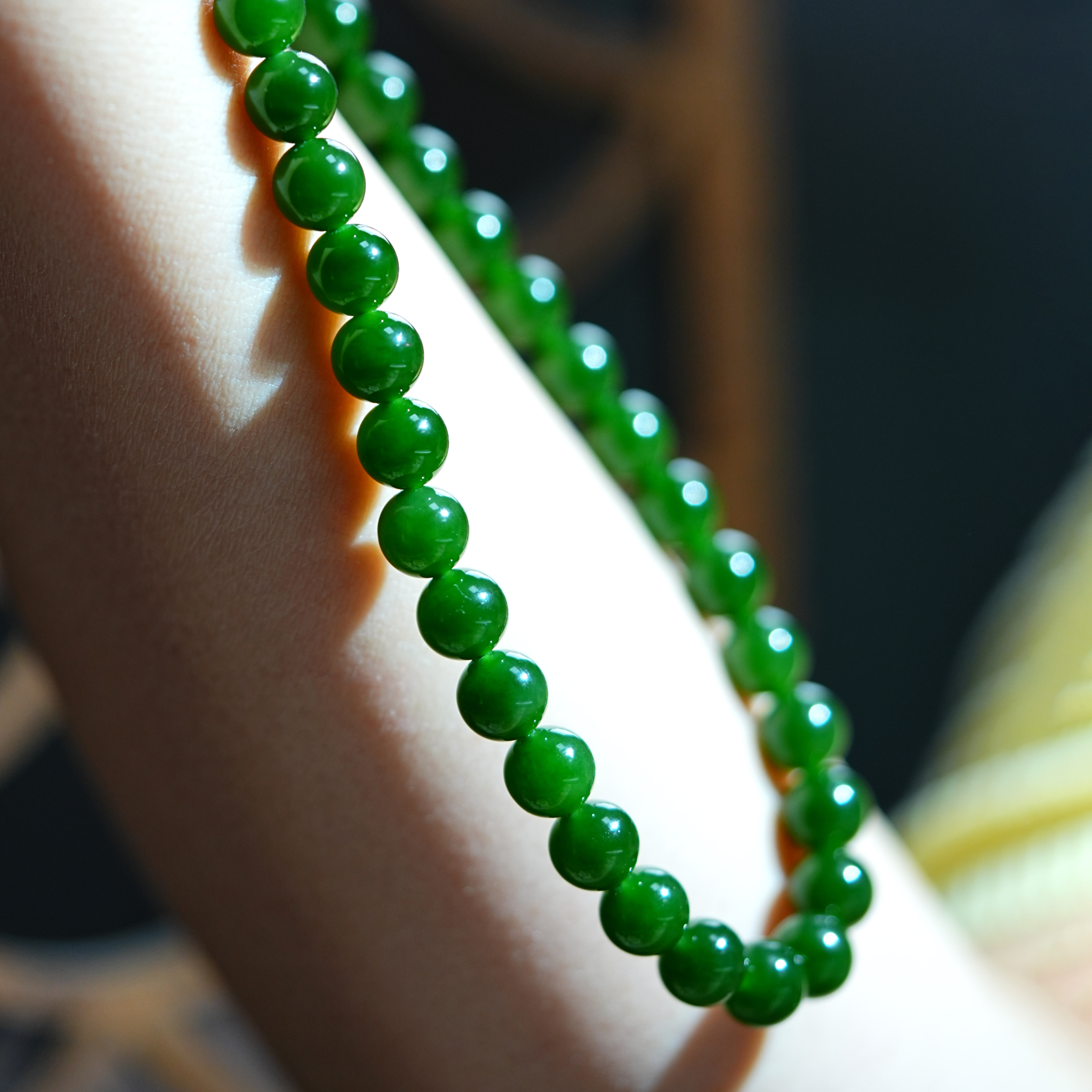 『小浩珠宝』和田玉俄罗斯7号坑菠菜绿碧玉8mm女款妈妈链链18K金