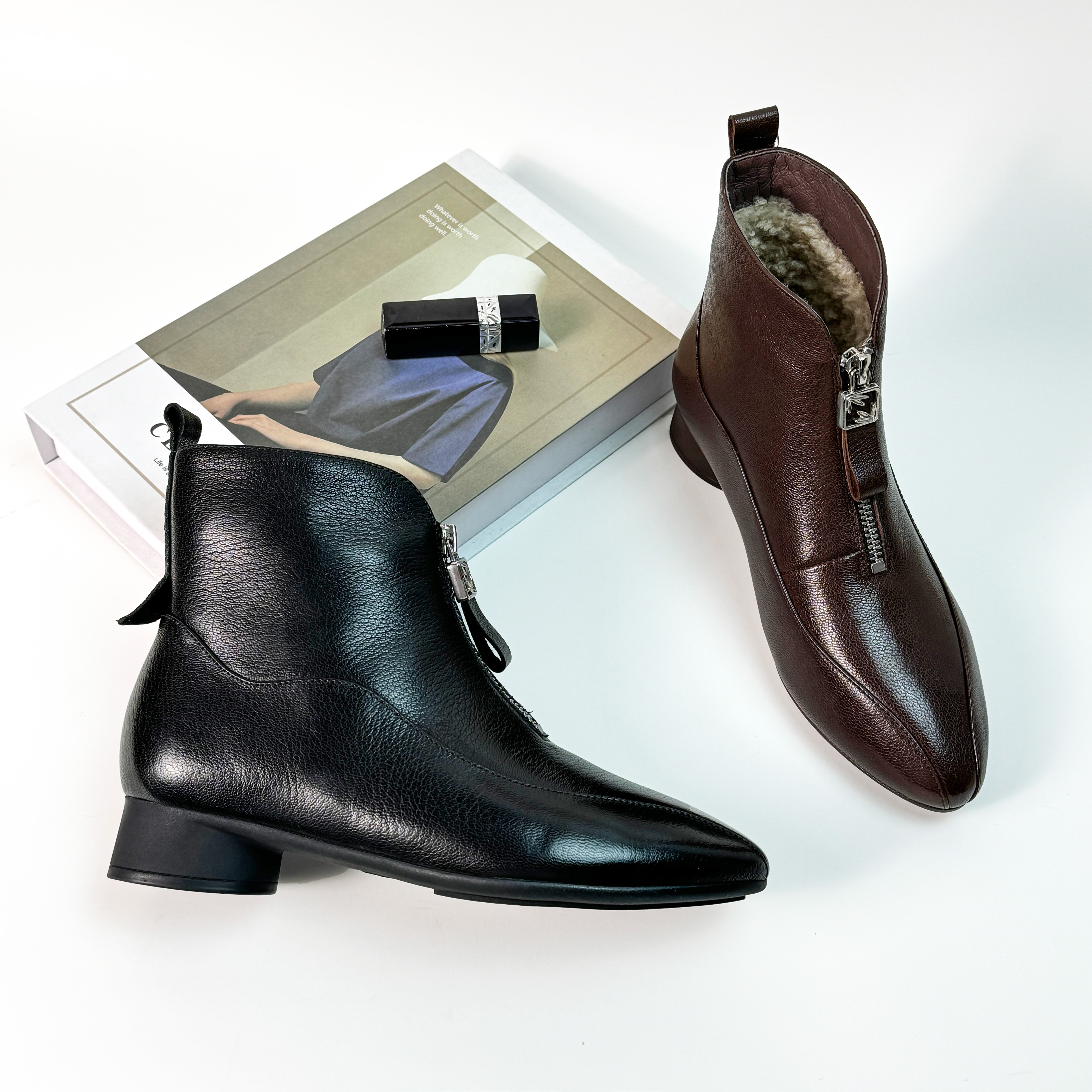 3CM低跟冬季时装靴时尚百搭真皮粗跟加绒秋冬冬季舒适休闲英伦风