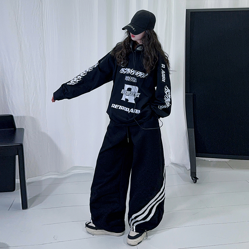 女童套装春季2025新款中大童嘻哈街舞宽松休闲卫衣阔腿裤两件套潮