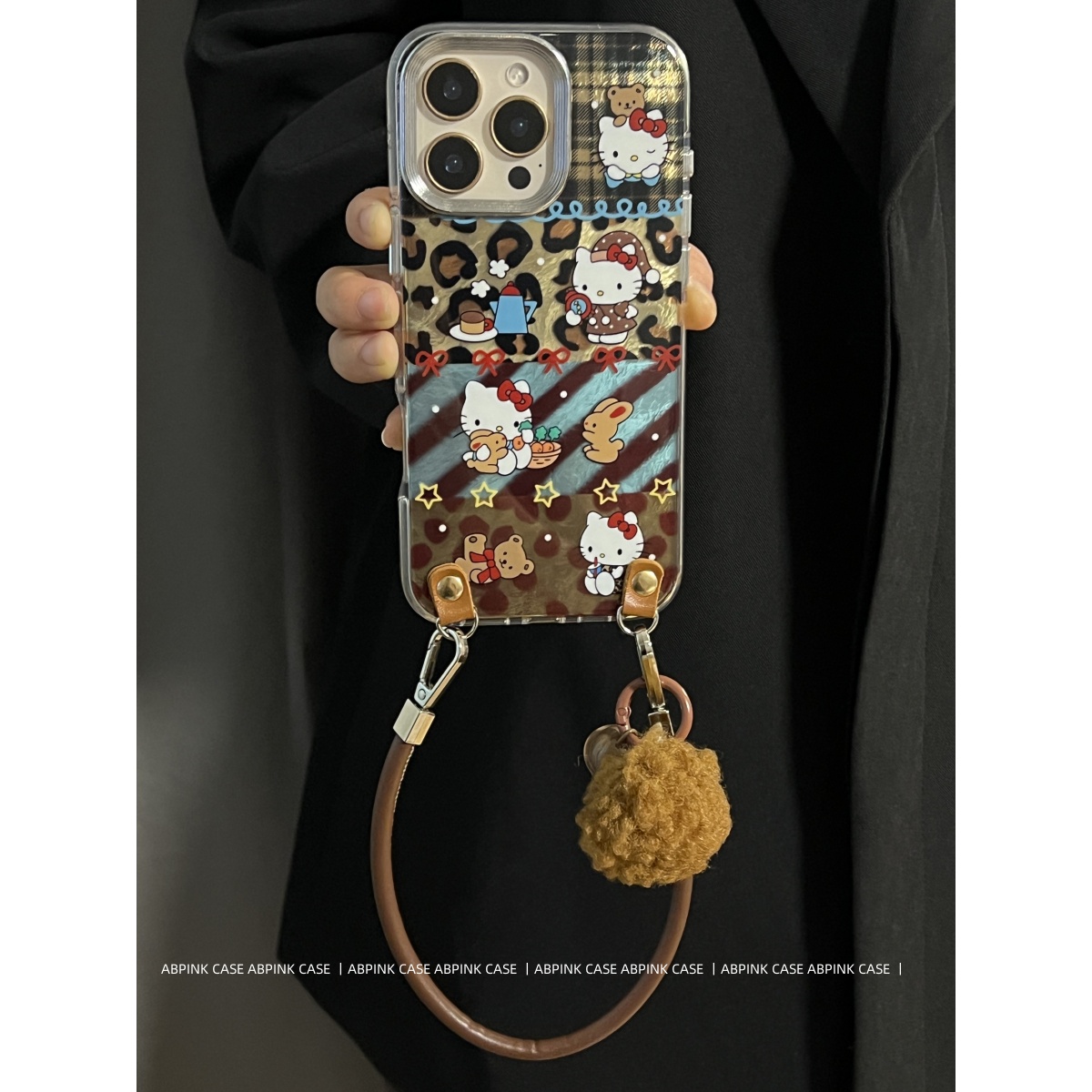 秋冬棕色豹纹拼接KT猫适用iPhone16promax苹果15手机壳14斜挎13女