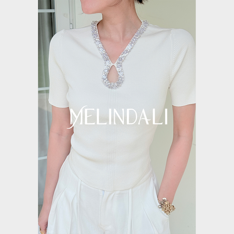 Melinda Li【星河碎钻】精致水滴领手工钉珠亲肤桑蚕丝棉针织上衣