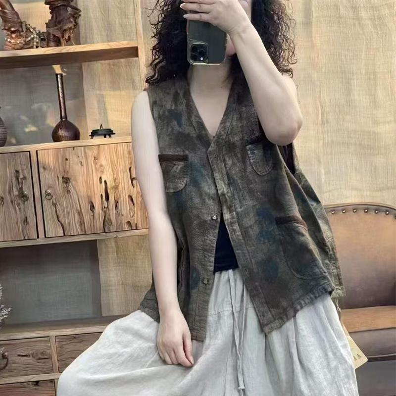 FF7027 新品休闲百搭复古文艺亚麻休闲女士马夹 胸围126长62