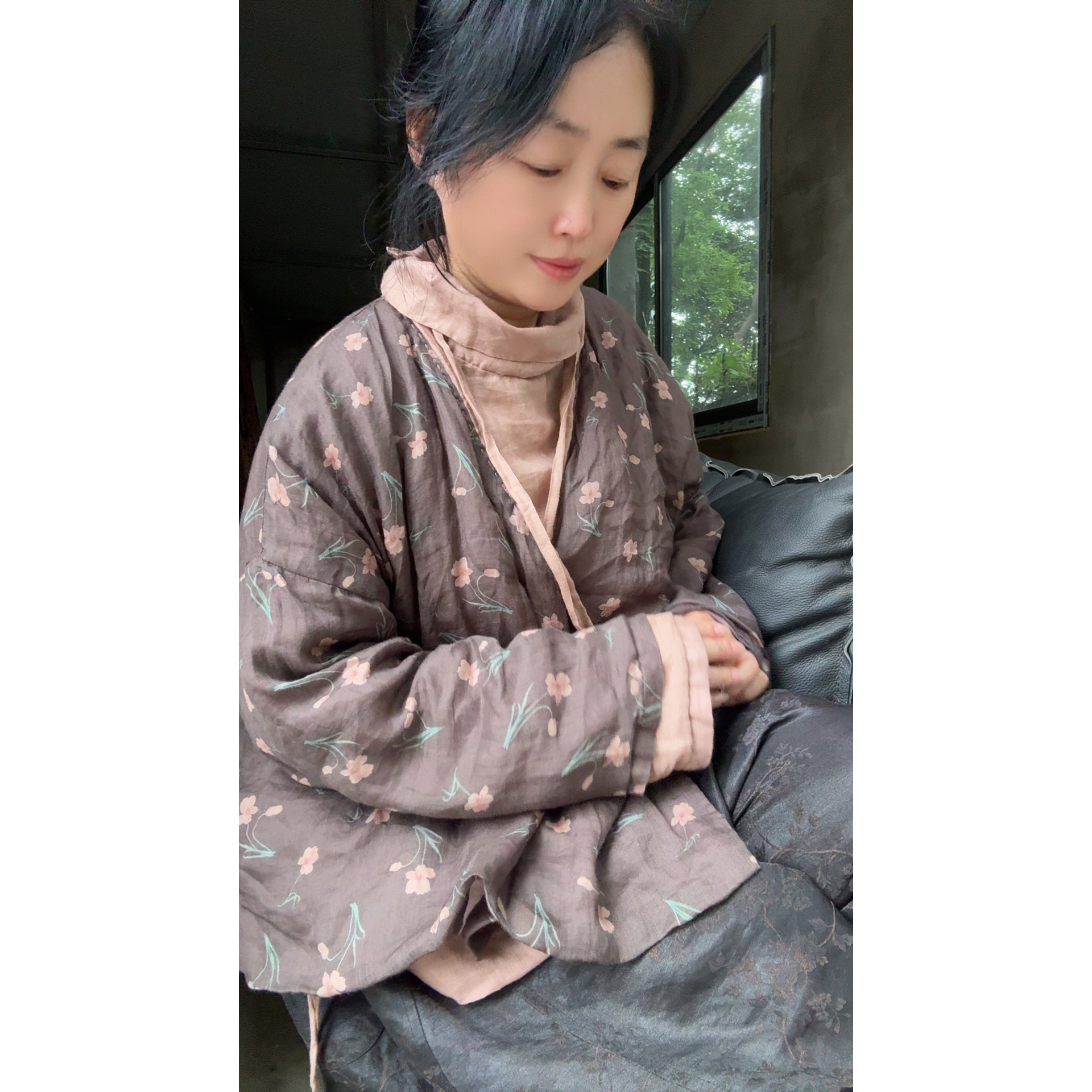 4452春秋款苎麻双层宽松碎花斜襟系带长袖印花衬衫慵懒风外套上衣
