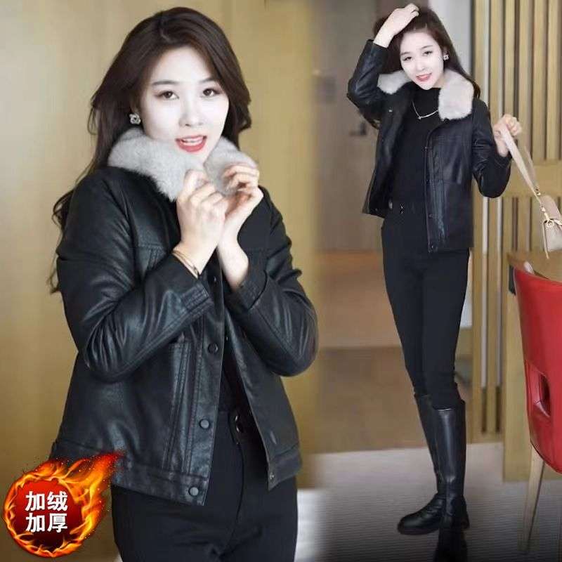 皮衣女2024新款洋气加绒加厚冬季防寒保暖韩版可拆卸大毛领外套