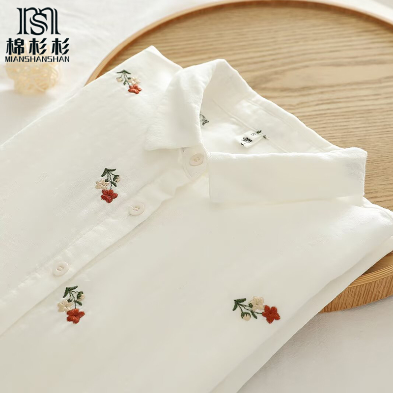 双层棉纯棉纱刺绣小红花长袖衬衫女 春秋新款小清新内搭衬衫文艺
