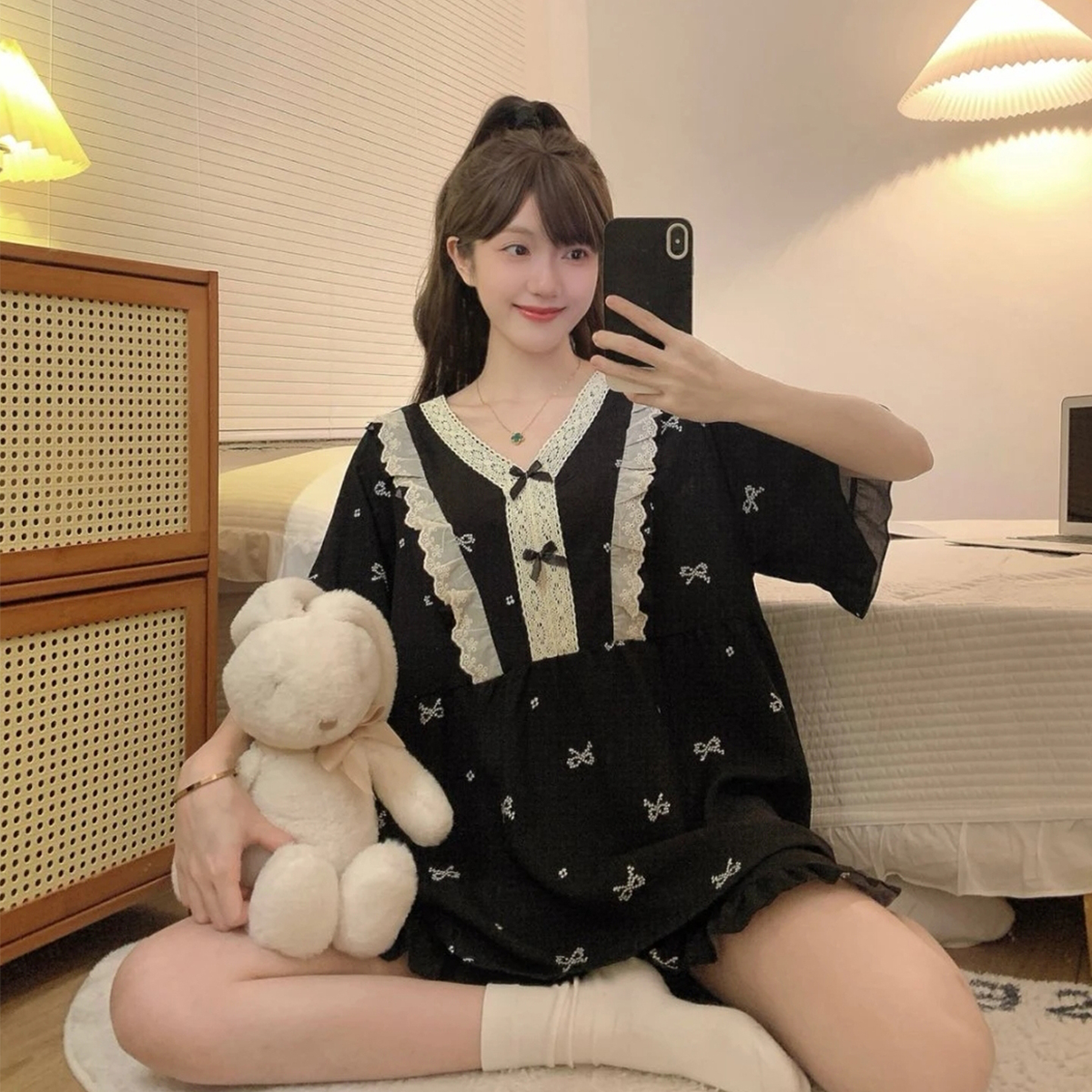 码乖乖大码宽松睡衣女夏季短袖防凸点V领格子可外穿家居服3035