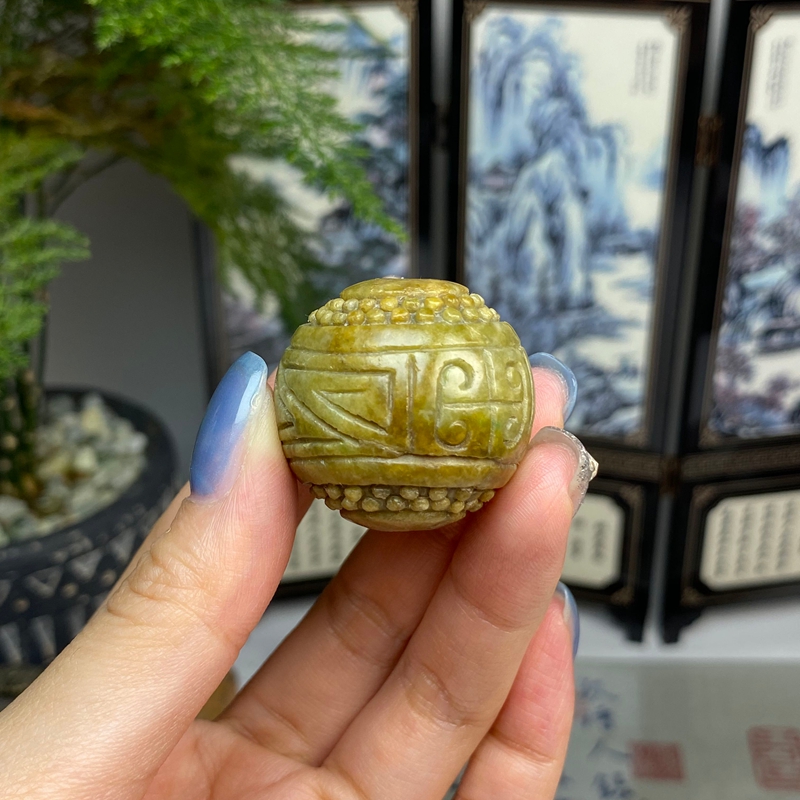 黄翡稻谷纹雕花朝珠圆珠花件挂件 天然翡翠A货 