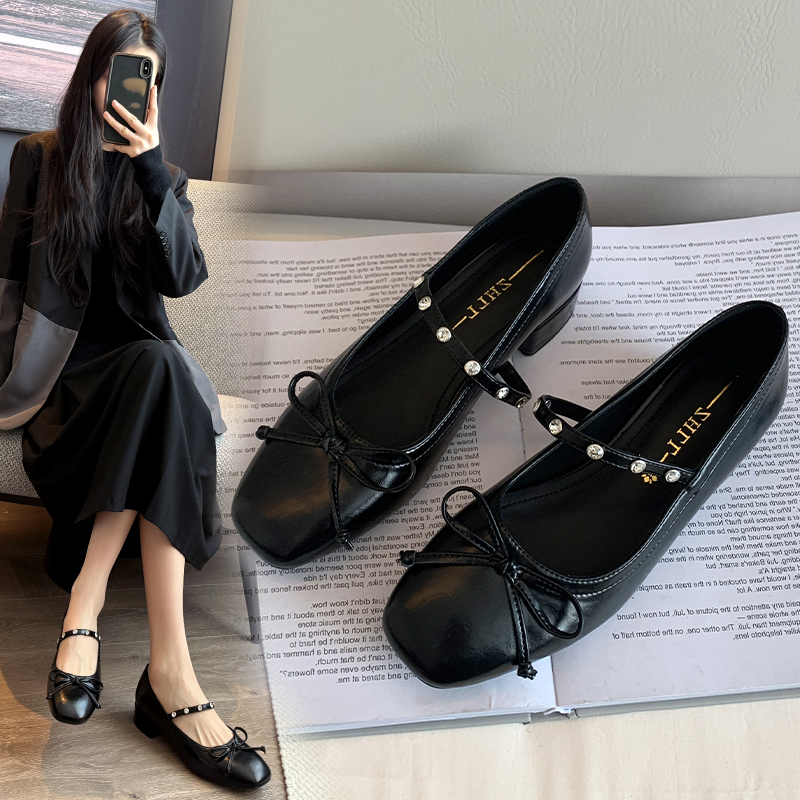 黑/杏双色轻奢风一字带玛丽珍鞋粗跟单鞋蝴蝶结加肥加宽大码女鞋