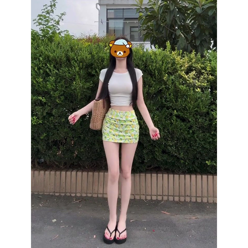 辣妹纯欲风圆领正肩短袖T恤女夏季显瘦短款露脐上衣印花包臀短裙