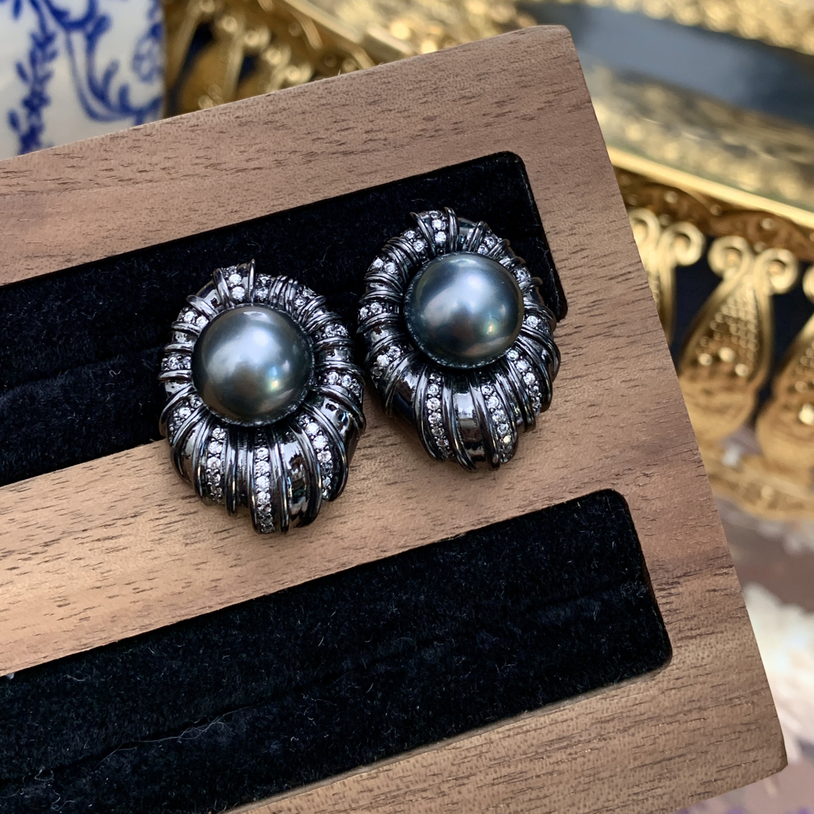 天然海水珍珠大溪地耳钉黑色甜酷风9-10mm