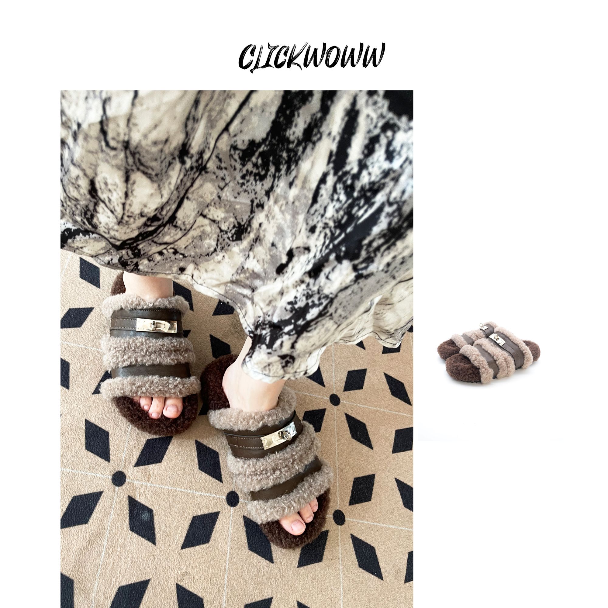 clickwoww 露趾毛绒装饰扣百搭毛拖鞋