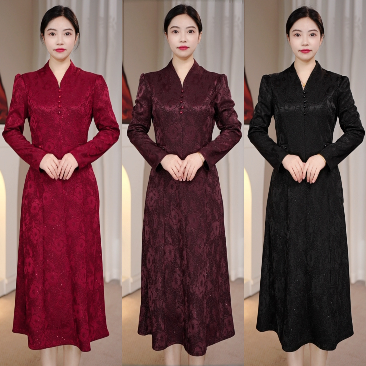 2025秋冬新款加厚中式时尚气质妈妈连衣裙提花洒金高端裙子7350