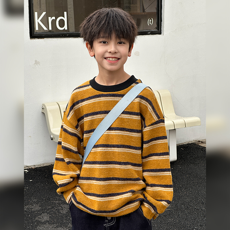 男童加厚卫衣春秋2025新款儿童保暖圆领休闲条纹长袖上衣WYW3057