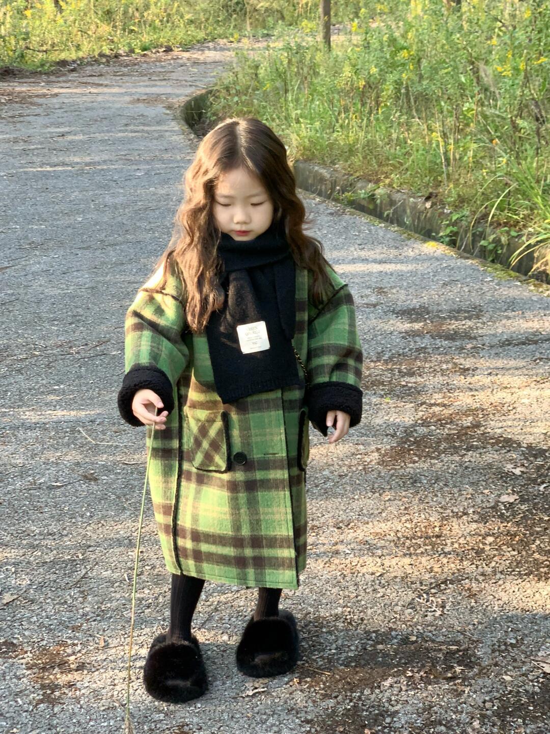 大橙子Studio女童秋冬加绒加厚绿格子呢子大衣中长款儿童保暖外套